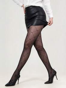 Rhombus Grid Bow Pattern Sheer Pantyhose, Women's Black Mesh See-Through Tights, Fashion Patterned Stockings, Suitable For Party And Daily Wear - Black - View 3