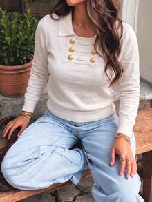 Women's White Long Sleeve Collared Top With Double-Breasted Faux Button Design, Autumn/Winter - Off White - View 4