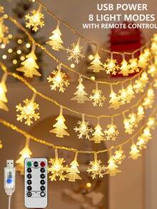 1PC Christmas Tree Snowflake Light String USB Power Supply, 8 Lighting Modes, Christmas Decor Light String With Remote Control, Christmas Home Decor LED Fairy Light String, Suitable For Festivals, Gatherings, Indoor Decor, Christmas Decoration Lights - Transparent - Christmas Tree + Snowflake - View 1