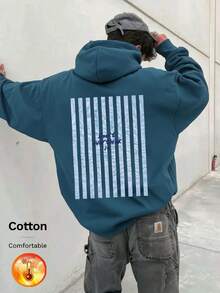 Autumn/Winter Men's Fleece Sweatshirt, Vertical Stripe Print, Y2K Style Back Text Print - Cow Blue - View 9