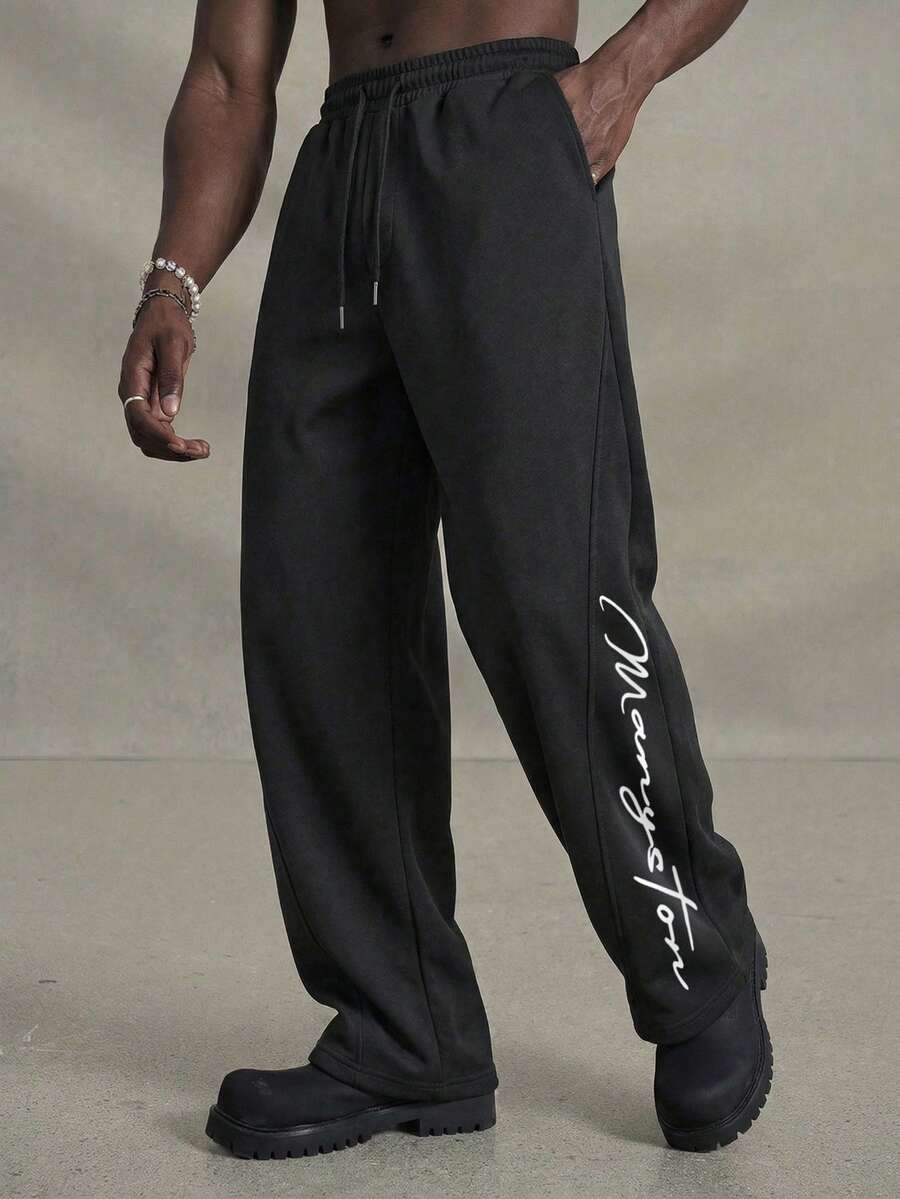 Camvyn Men's Lightweight Fashionable Versatile Letter Print Curved Blade Design Straight Leg Casual Pants, Summer - Black - View 1