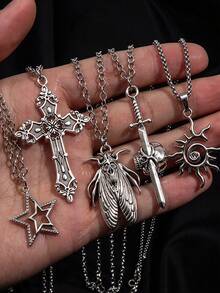 5pcs Y2K Gothic Vintage Metal Distressed Multi-Element Insect Sword Starburst Sunflower Pendant Layered Necklace Set For Men Dark Streetwear Daily Outfit - Silver - View 3