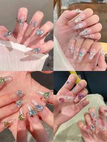 100pcs Multi-Shape 3D Glass Nail Rhinestone Set, Shiny AB Color & Champagne Crystal Decor, Heart & Butterfly Gemstones, Suitable For Acrylic Nail Art DIY - Multicolor - View 9