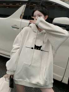 Women's Fashion Autumn/Winter Round Neck Loose Slouchy Casual Versatile Letter & Cartoon Cat Print Sweatshirt - Light Gray - View 2