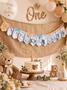 Personalized 1st Birthday Photo Banner, Customized Name Monthly Milestone Hanging Flag, Growth Timeline Banner, 1st Birthday Party Backdrop Decoration, Customized Photo Birthday Gift, Party Photo Booth And Celebration Wall Hanging Garland - Multicolor - View 5