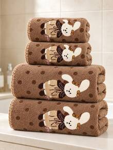 1pc/2pcs Approx. 14*29in/28*55in Pink Leopard Print Towel, Cute Embroidered Rabbit Pattern Coral Fleece Bath Towel + Face Towel, Ultra Soft High Absorbency Quick Dry Thick Non-Shedding Towel, Suitable For Bathroom, Home, Travel - Brown - View 1