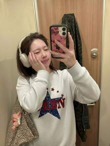 Vintage Distressed Textured Large Five-Point Star URBN Letter Print Crew Neck Sweatshirt Relaxed Fit Casual Autumn Top - White-gray - View 5