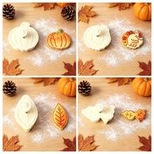 4/6pcs Autumn Thanksgiving Cookie Cutter Set, Press-Style Stamp Cookie Molds, Pumpkin, Maple Leaf, Oak Leaf, Turkey Shaped 3D Cookie Cutters. Frosting Pastry Making Tools. - View 11