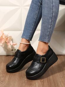 Women's Leather Thick Sole Wedge Loafers With Metal Square Buckle Decor, Round Toe, Comfortable Slip-On Casual Shoes For Home - Black - View 4