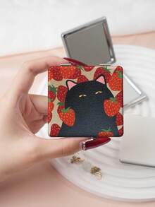 1PC Ins Cat Pet Series Portable Vanity Mirror, Foldable Lightweight Ultra-Thin Convenient Hand Mirror, PU Leather, Suitable For Multiple Scenarios And All People, Foldable Small Square Mirror, Pocket Mirror, Cartoon Cat Strawberry Cow Flower Printed Pattern Design, Exquisite Handheld 180° Flip Cover Multi-Function Mini Mirror - Multicolor - View 5