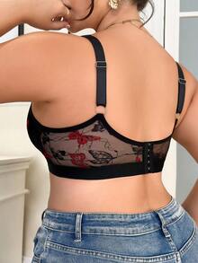 1pc Romantic Dual-Color Butterfly Lace Hollow Mesh Wire-Free Plus Size Bra, Soft & Comfortable, Suitable For Daily Wear - Black - View 2