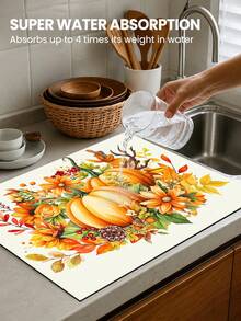 1pc Maple Leaf & Pumpkin Pattern Diatomaceous Earth Absorbent Drying Mat, Kitchen Countertop Drain Mat, Coffee Machine Mat, Dish Drying Mat, Dining Table Breakfast Mat, Non-Slip Heat Resistant, Easy To Clean, Hides Water Stains, Suitable For Kitchen, Dining Table, Coffee Shop, Bar, Home Decor, Holiday Gift - Multicolor - View 2