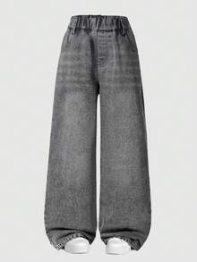 Tween Girl Elastic Waist Pocket Casual Loose Straight Leg Denim Jeans - Grey - View 2