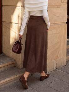 Women's Vintage Brown Faux Suede Slim Fit Midi Skirt,High-Waisted Side Ruched Button-Up Slit Elegant Skirt, Suitable For Office, Date, And Casual Wear - Brown - View 2