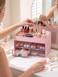 1pc Desktop Storage Box With Drawer, Makeup Organizer For Vanity, Desktop Organizer, Suitable For Desktop Storage - View 5