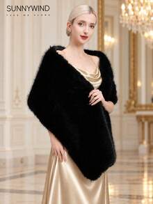 1pc Women's Solid Color Fashion Polyester Faux Fur Shawl, Suitable For Bride, Evening Party And Autumn/Winter Daily Wear - Black - View 3