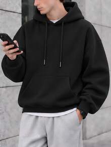 Men's Plus Size Sweatshirt, Solid Color, Drawstring Detail, Long Sleeve - Black - View 1