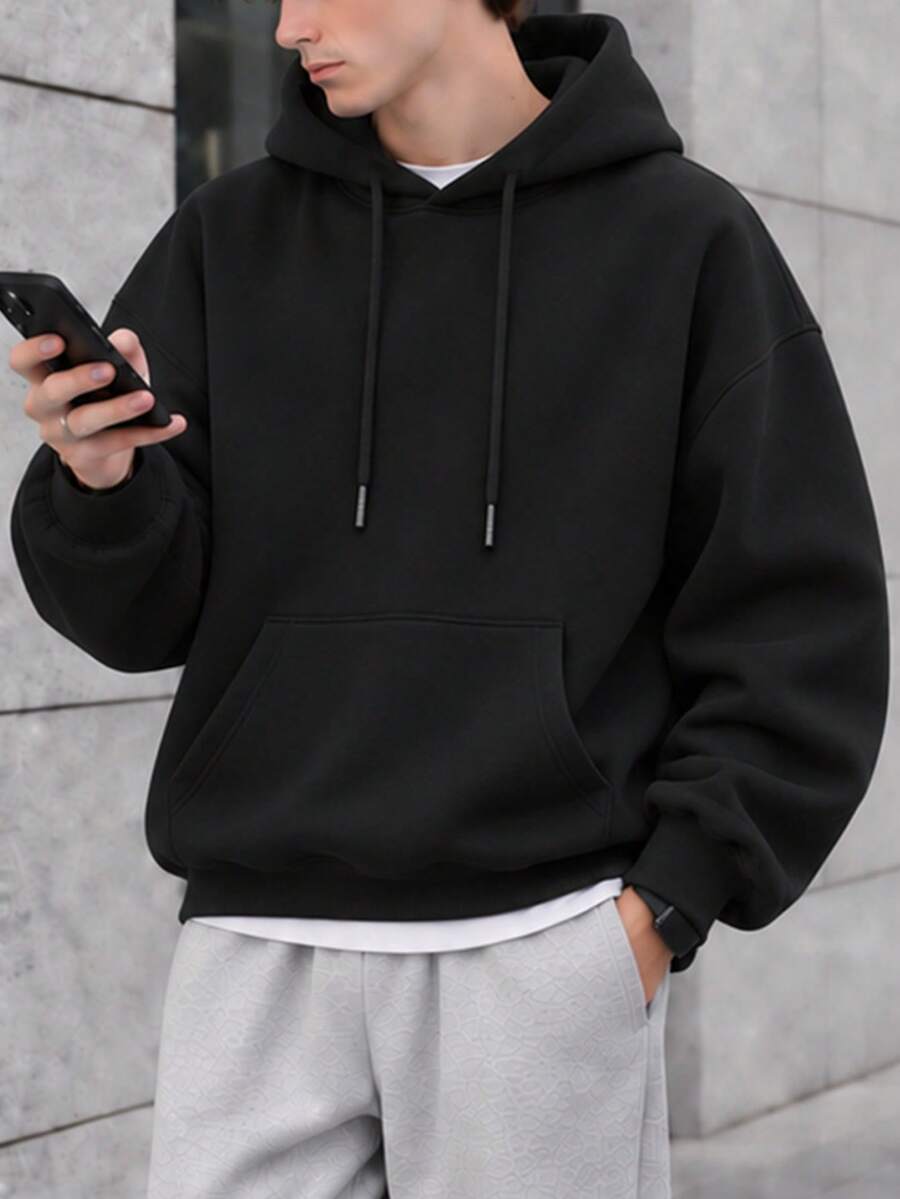 Men's Plus Size Sweatshirt, Solid Color, Drawstring Detail, Long Sleeve - Black - View 1
