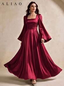 ALIAO Vestido Maxi de Satén Sólido con Cuello en U, Espalda Descubierta, Mangas Acampanadas y Corte A para Otoño e Invierno, Elegante para Boda, Vacaciones, Citas y Fiestas - Burdeos - Ver 7