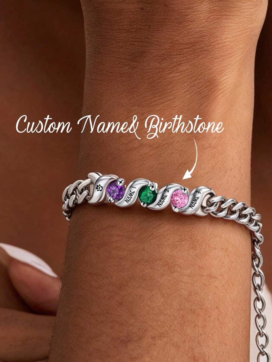 1pc Customized Women's Bracelet, Silver Birthstone Bracelet, Family Birthstone Bracelet, Jewelry Accessory, Bracelet For Mom, Personalized Gift For Mom, Christmas Gift For Mom, Suitable For Daily Wear, Prom, Wedding, Party - Multicolor - View 1