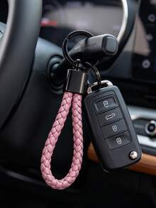 Sakura Pink Braided Leather Keychain, Gun Black Matte Hardware With Rotatable Design, Paired With Dual Spare Key Rings, Durable Anti-Loss High-Quality Texture, Minimalist Versatile, Suitable For Car Keys, Bags, Commuting And Daily Use - Pink Braided Buckle - View 7