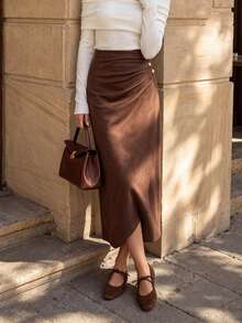 Women's Vintage Brown Faux Suede Slim Fit Midi Skirt,High-Waisted Side Ruched Button-Up Slit Elegant Skirt, Suitable For Office, Date, And Casual Wear - Brown - View 7