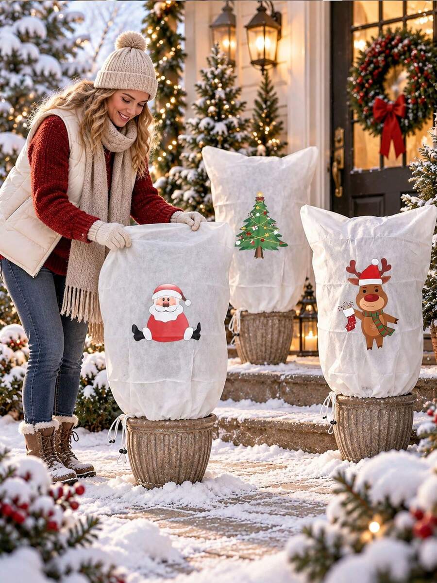1pc Christmas Pattern Plant Frost Cover, Non-Woven Windproof Anti-Freeze Tree Shield With Drawstring, Winter Potted Flower & Shrub Protection Bag For Outdoor Garden, Santa, Reindeer & Xmas Tree Print,Home Decor,Garden Decor Outdoor - Multiple Styles - View 1