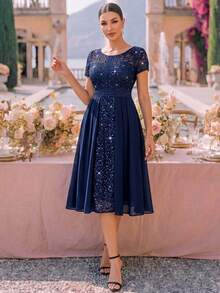MIUSOL Sequin Floral Lace Patchwork Chiffon Round Neck Pleated Hem Evening Party Long Dress, Summer Dress, Graduation Prom Gown Elegant - Navy Blue - View 1