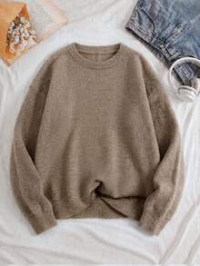 Women's Fashion Knitted Long Sleeve Sweater, Regular Length Crew Neck Top, Suitable For Autumn/Winter Wear - Earthy Gray - View 8