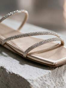 Women's Soft Sole Comfortable Multi-Strap Rhinestone Square Toe PU Leather Luxury French Style Daily Casual Outdoor Slippers - Gold - View 3
