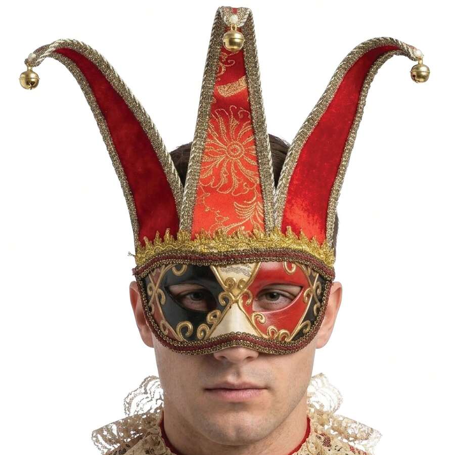 Rubies Venetian Masquerade Mask For Adults, Elegant And Colorful Costume Accessory In Red And Gold With Bells, Ideal For Carnival And Parties - Red - View 1