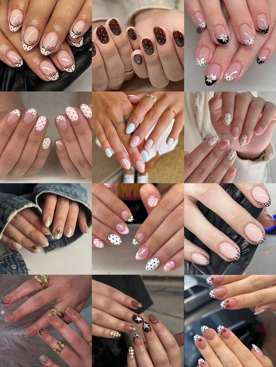 288pcs/12sets Oval False Nails Polka Dot French Manicure Star Plaid Bow Mixed Design Cute Autumn Wearable Nails Suitable For Daily Wear, Party And Wedding With Nail Tool Set Perfect Manicure Gift For Girls - Multicolor - View 1
