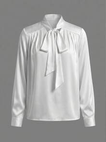 Elegant Satin Bowknot Blouse For Women, V-Neck Tie Long Sleeve Shirt, Smooth Drape With Luxury Texture, Suitable For Commute And Date, Minimalist Solid Color Versatile Slimming Top, French Chic All-Match Style - White - View 8
