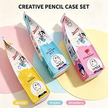 1/4/12pcs PU Leather Milk Carton Shaped Pencil Case, Novelty Design Stationery Storage Bag, Portable Zipper Pouch , Unique Cosmetic Organizer For Daily Use, Fun Cartoon Print Multi-Purpose Storage Pouch, Ideal For Office & Travel Organization,Random - Milk Carton Pencil Case Series - View 7