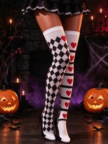 1 Pair Women Halloween Mismatched Thigh High Socks, Gothic Style Over Knee Socks, Costume Accessory For Clown Cosplay & Party Performance - Black and White - View 4