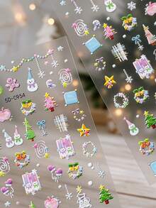 2pcs 5D Embossed Christmas Macaron Snowman Christmas Tree Nail Art Stickers Winter Red Snow Hut Snowman Snowflake Nail Decals Merry Christmas Cartoon Manicure Decoration - Multicolor - View 7
