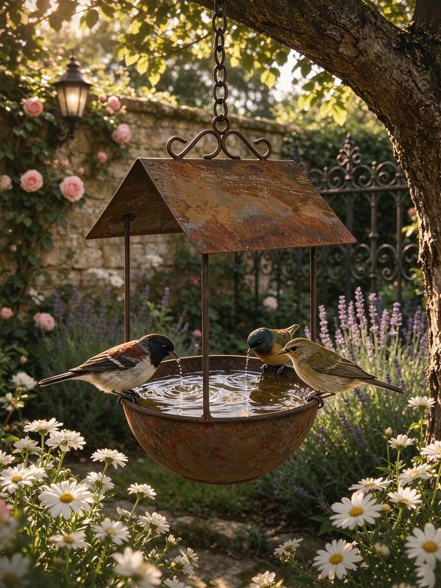 Distressed Rusty Metal Hanging Bird Bath With Canopy - Outdoor Garden Tree-Mounted Bird Water Basin, Durable Vintage Garden Decor To Attract Wild Birds - A - View 1