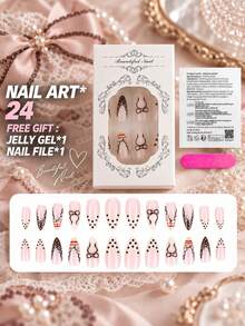 24Pcs Fall Thanksgiving Press On Nails,Medium Almond Shape,Nude Pink Base,Hand‑Painted Black Bow,Lace Line,Polka Dot & Plaid Detail Reusable False Nails - Brown - View 3