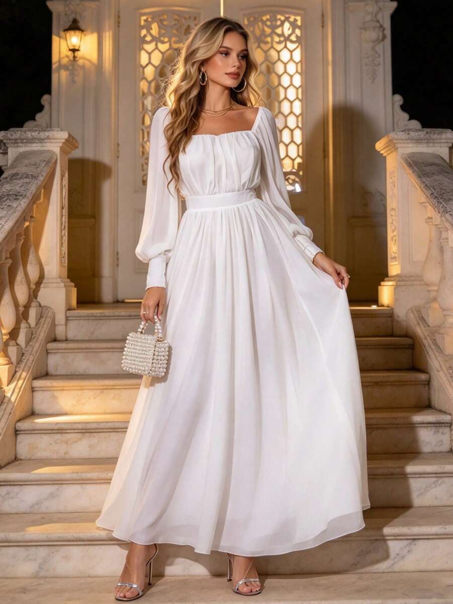 Joyfunear Ruched Bust Square Neck Bishop Sleeve A-Line Formal Dress White Spring Elegant - White - View 1