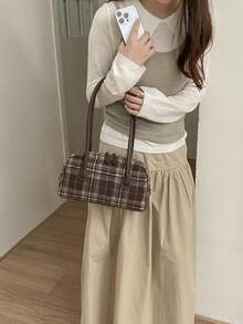 Women's Shoulder Bowling Bag, Fashionable Retro Plaid Design, Suitable For Shopping And Commuting, Brown Color, Autumn/Winter - Brown - View 2