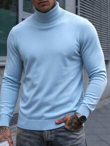 Men's Solid Color High Neck Long Sleeve - Casual Commute Minimalist Soft Autumn/Winter Top - Baby Blue - View 2