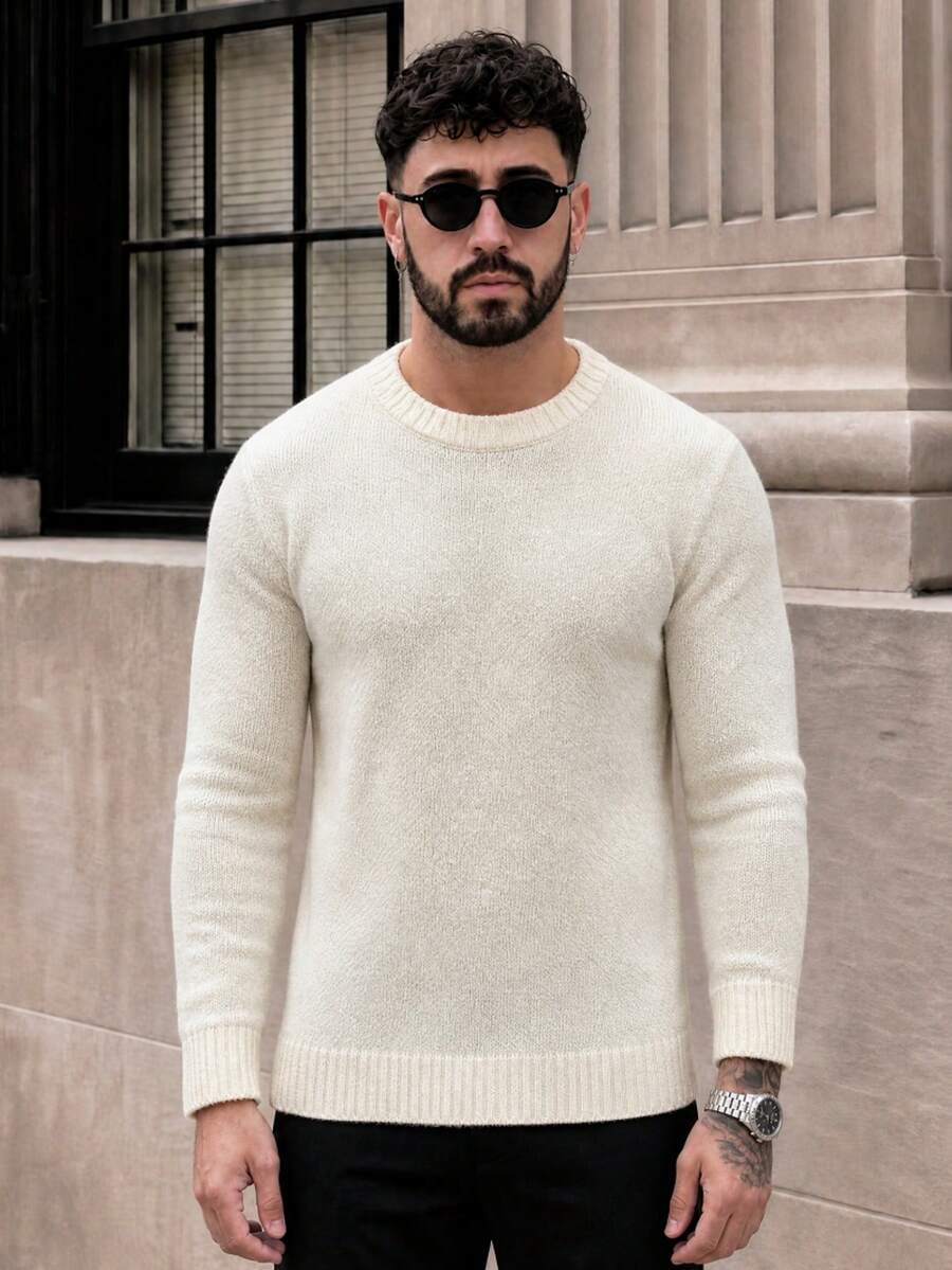 Lookun Men's Autumn/Winter Crew Neck Long Sleeve Pullover Sweater, Clean Hem, Layering Top For Various Bottoms, Outerwear - Apricot - View 1