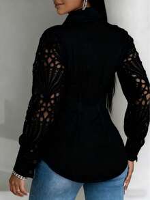 Plus Size Women's Elegant Lace Hollow Sleeve Blouse Black Spring - Black - View 5