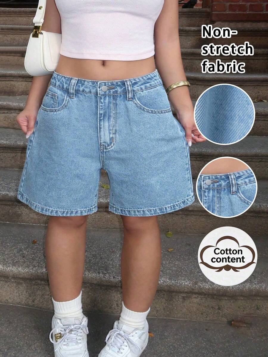 Plus Size Light Blue Washed Denim Bermuda Shorts For Women - Minimalist Solid Color Casual Street Style Summer Bottoms