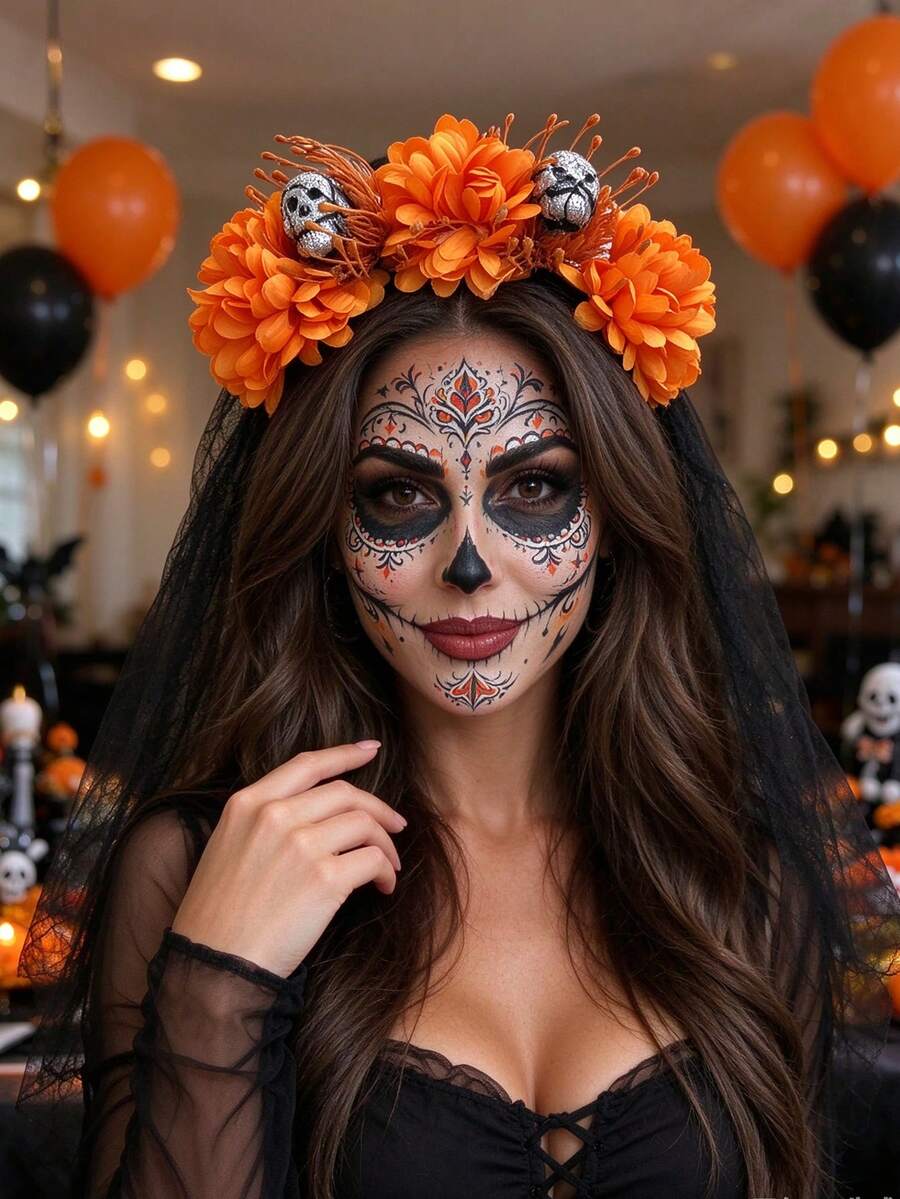 1pc Halloween Day Of The Dead Headband, Gothic Orange Floral Skull With ...