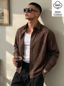 WAIT HIM 100% Cotton Men's Casual Striped Long Sleeve Shirt - Brown - View 2
