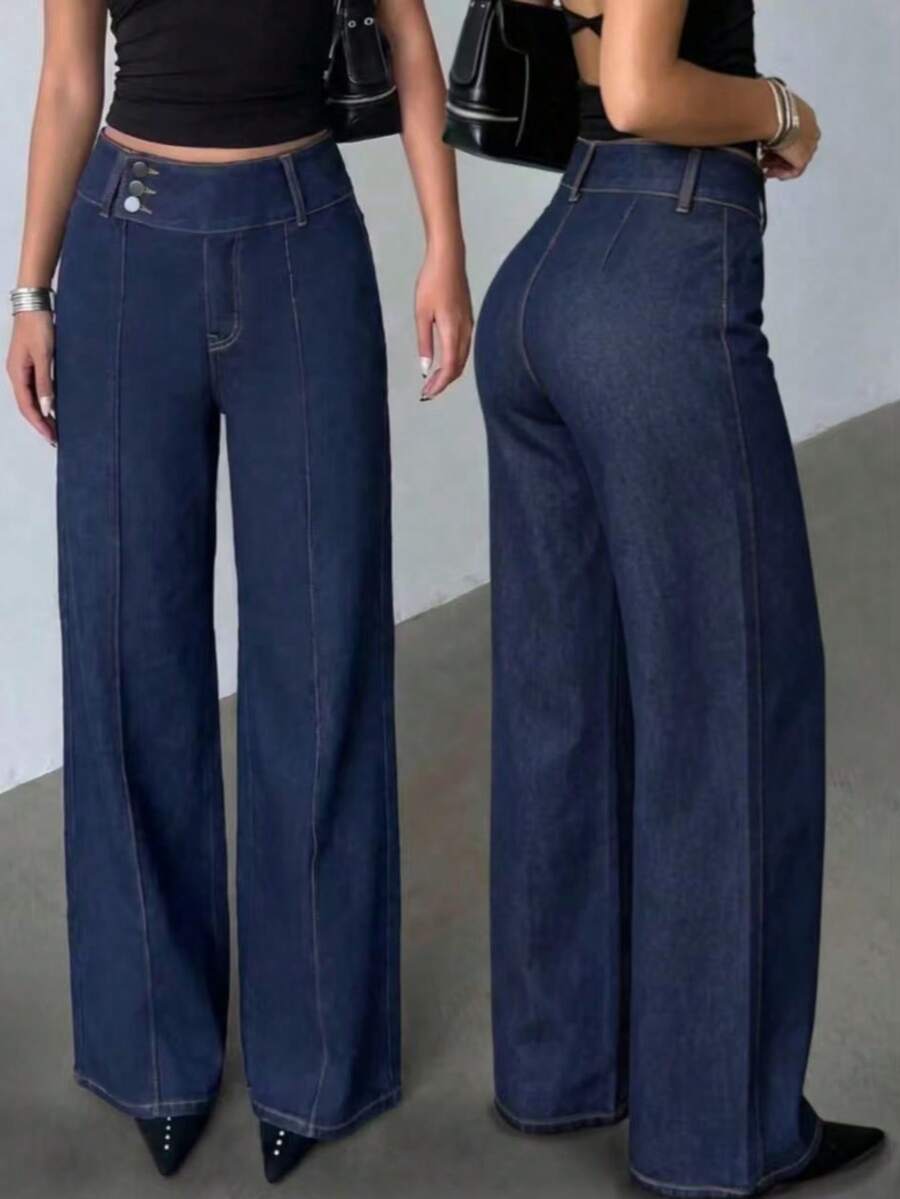 Women's Elegant Casual Dark Wash Straight Leg Jeans, Slightly Stretchy Vintage Long Pants, - Dark Wash - View 1