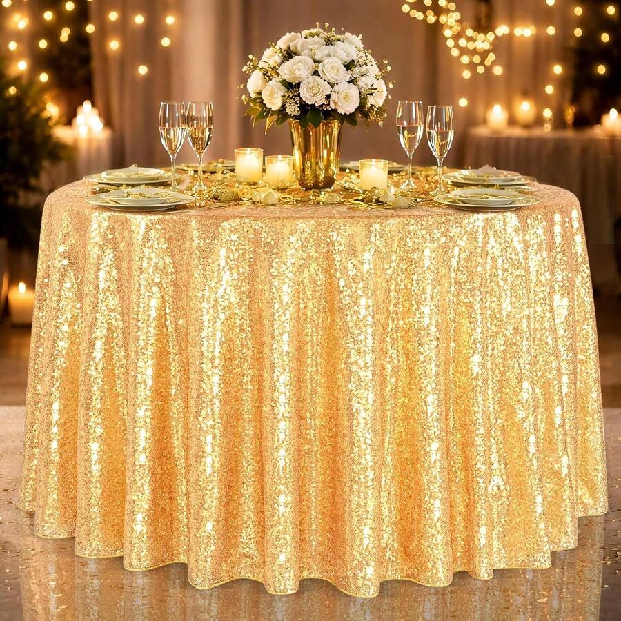 1pc Sequin Tablecloth, Round/Square Shiny Tablecloth, For Wedding, Birthday Party, Gift, Gold Glitter Tablecloth, Nordic Style Hotel Wedding Banquet Decoration, Christmas Dinner Shiny Tablecloth