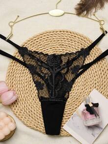 1pc Sexy Ladies Rose Embroidery Transparent Mesh Thong Panties, Low Waist G-String For Going Out - Black - View 5