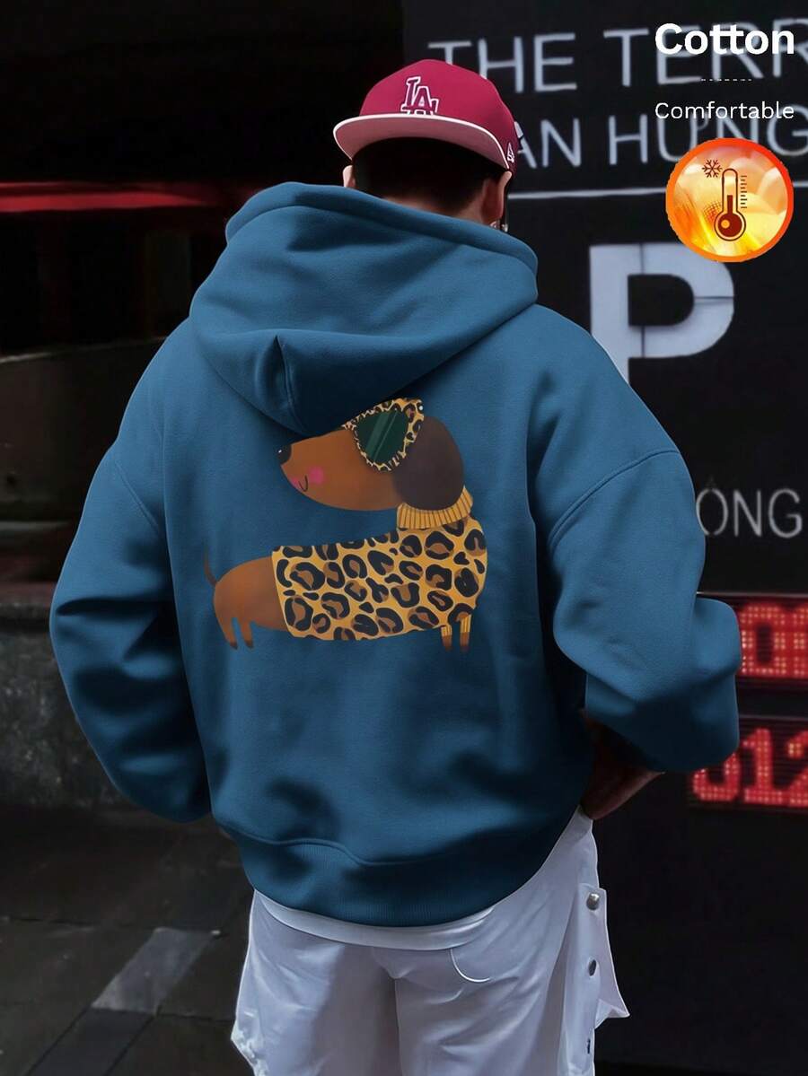 Men's French Bulldog Leopard Print Y2K Hoodie, Autumn/Winter - Cow Blue - View 1